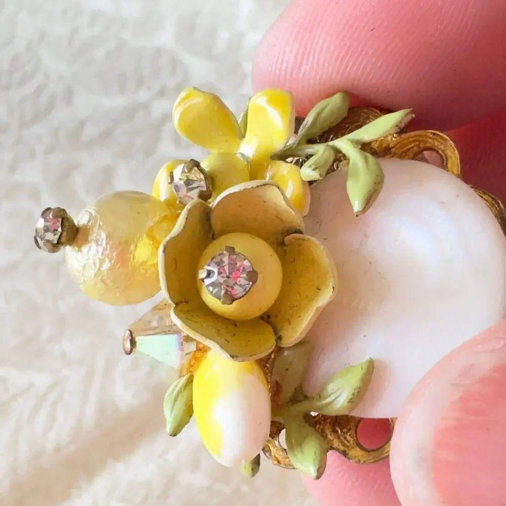 Miriam Haskell Floral Enamel Rhinestone, Faux Pearl Clip-on Earrings VNTG 1940s